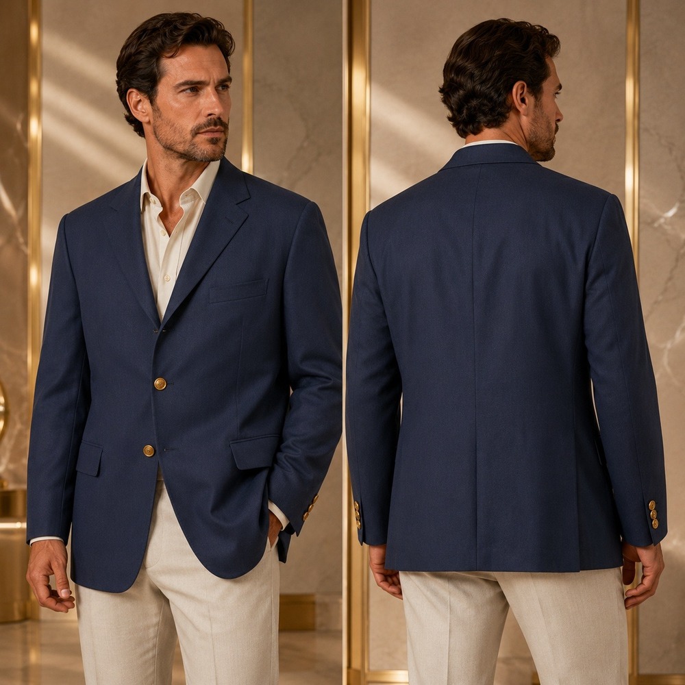 VTG JCPenney Comfort Blazer Mens 44R Navy Blue Solid Regular‎ Fit Crest Buttons